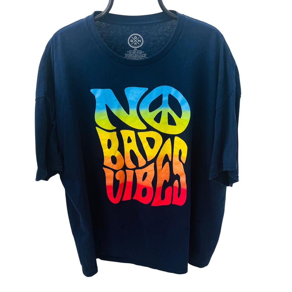 DOM T-Shirt Men's 'No Bad Vibes' Rainbow Peace Sign Retro 70s Blue Size 3XL